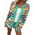 thumbnail image 3 of Women'S Multicolored Striped Crochet Knit Cardigan Crew Neck Flared Sleeve Button Y2K Sweater Coat Green S, 3 of 10