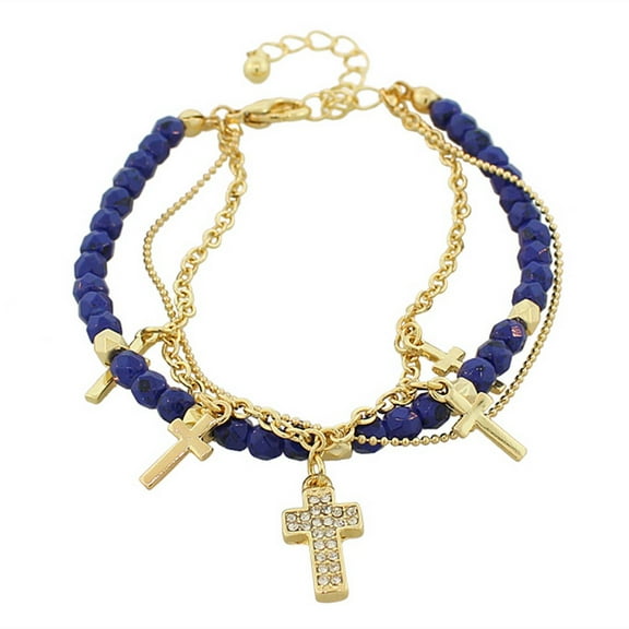 Fashion Alloy Blue Gold-Tone CZ Latin Cross Religious Adjustable Beaded Bracelet