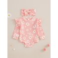 thumbnail image 2 of aturustex Toddler Baby Girl 2 Piece Floral Outfits 0 3M 6M 9M 12M 18M Infant Ruffle Long Sleeve Romper Daisy Print Ribbed Bodysuits Crew Neck Jumpsuitily Fashion Cute Spring Fall Clothes Set, 2 of 7