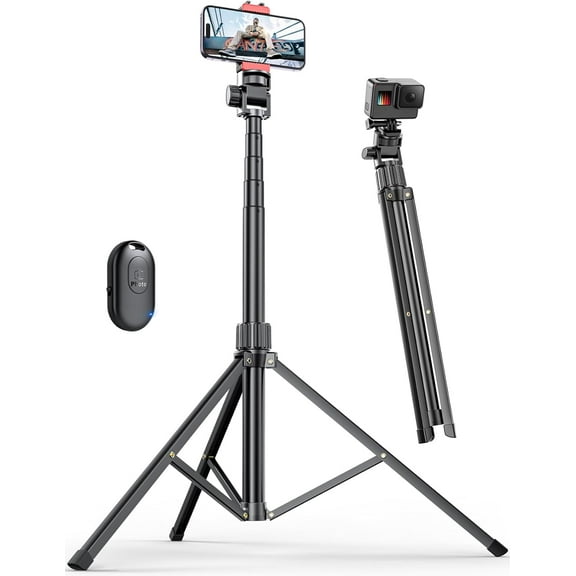 71'' Phone Tripod Stand, Extendable Reinforced Aluminum Phone Stand with Wireless Remote, Stable Cellphone Tripod Compatible with iPhone 15/14/13 Galaxy S23/S22 Huawei.