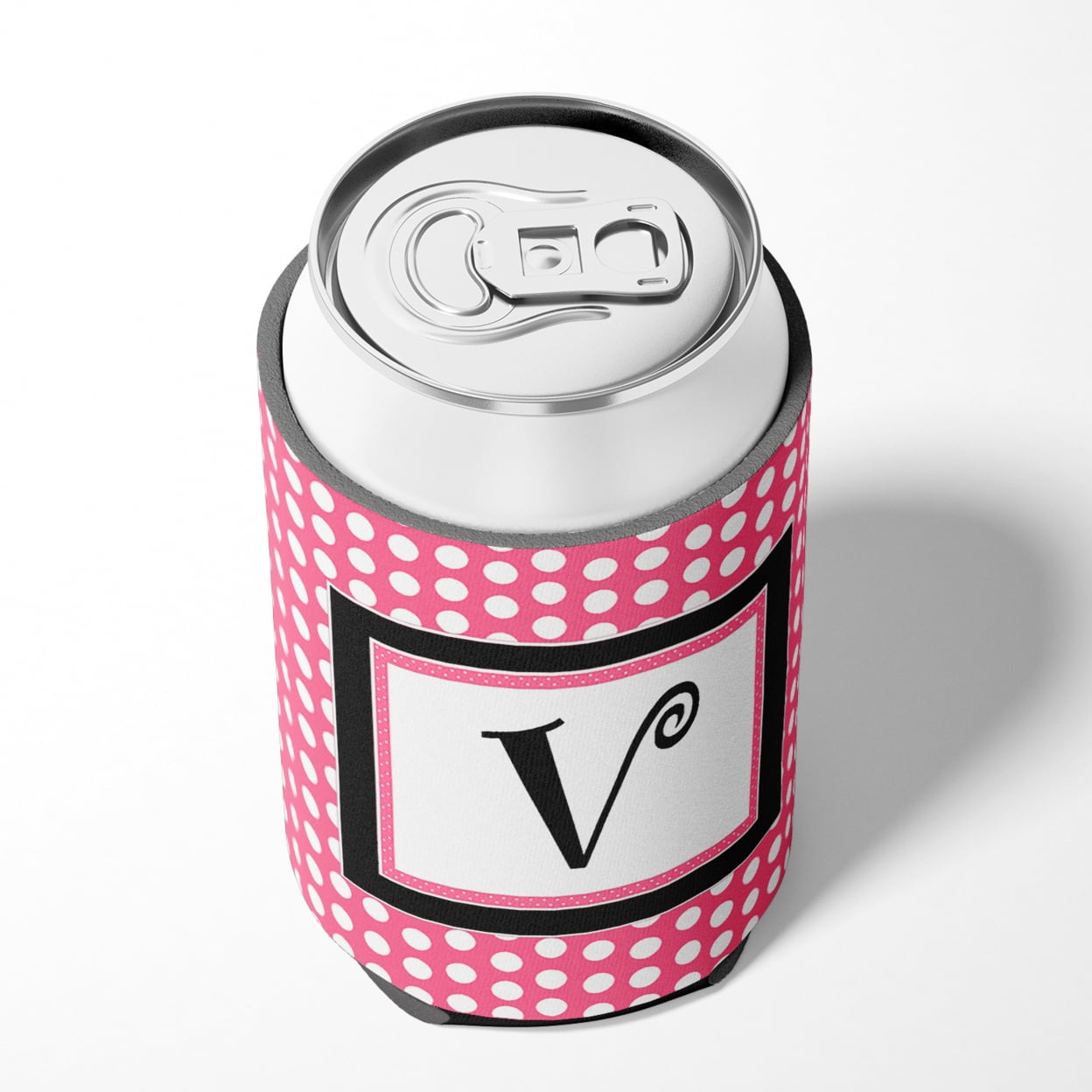 Letter V Monogram - Pink Black Polka Dots Can or Bottle Hugger