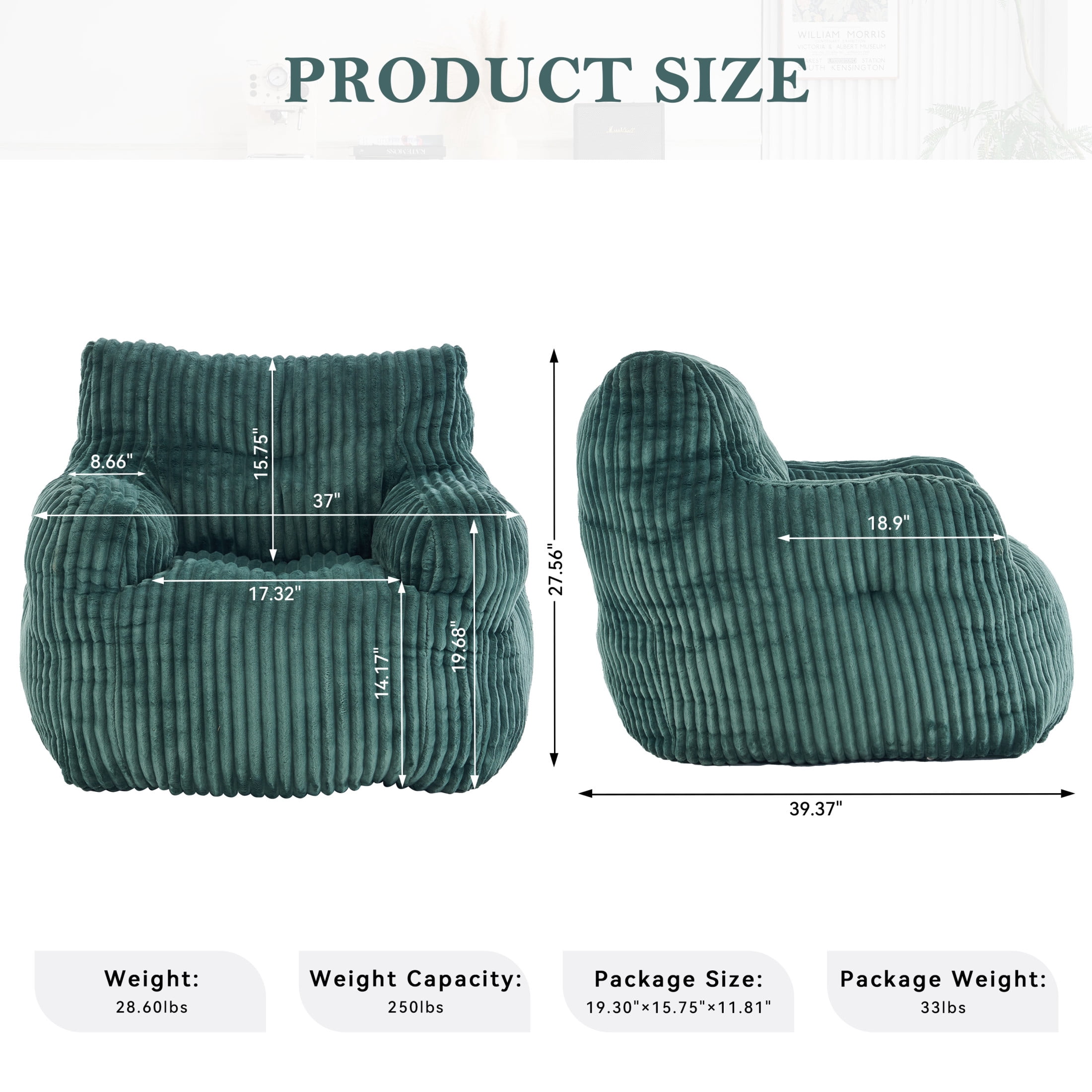 Noble House Solley 39" Fluffy Corduroy Bean Bag Chair, Memory Sponge Floor Lounger Accent Seat for Living Room, Green