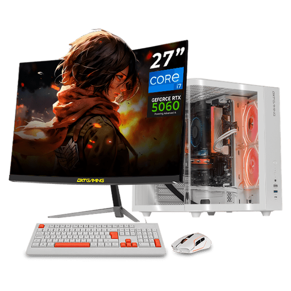 PC Gamer Completa IA DXT GAMING NVIDIA GeForce RTX 5060 Intel Core i7 14700F 16GB DDR5 SSD 1TB Monitor Curvo 27 180Hz WIFI BT White Productividad Versátil Acelerada con IA