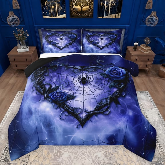 Feelyou 3D Spider Animal 2-Piece Twin Comforter Set, Blue Romantic Rose Floral Bedding