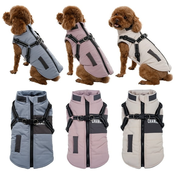 Warm Dog Winter Coat, Waterproof Windproof Dog Cold Weather Jacket, Adjustable Pet Vest with Harness, Thick Fleece Lining Cozy Dog Apparel for Small Medium Dogs & Cats