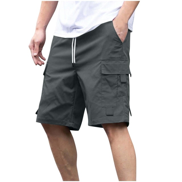Pantalones Cortos de Carga de Cintura Elástica para Hombres de Longitud de Rodilla de Corte Recto Sólido, Pantalones Cortos de Bolsillo Casuales con Cremallera de Botón para Uso Al Aire Libre Y Diario