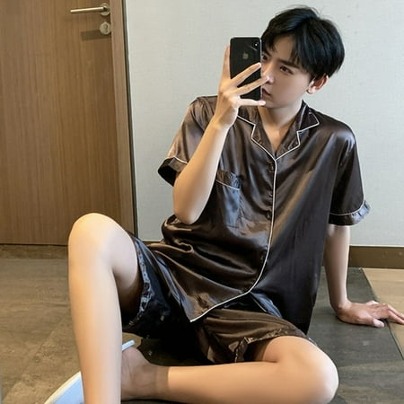 

QWZNDZGR Sleepwear Men Silk Satin Solid Color Pajama Sets Couple Button-Down Pyjamas Shorts Home Clothes Suits Pijama Women Loungewear Pj