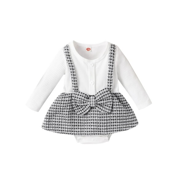 Bagilaanoe Newborn Baby Girl Rompers Dress Houndstooth Print Long Sleeve Bodysuit 6M 12M 18M 24M Infant Ribbed Patchwork A-line Dresses