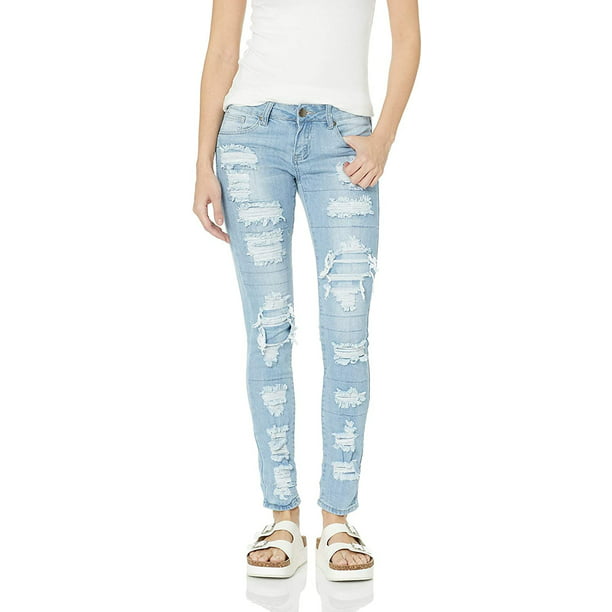 V.I.P.JEANS Distressed Patched and Repaired Skinny Stretch Ripped Jeans For  Women Cuffed Junior and Plus Sizes - Walmart.com