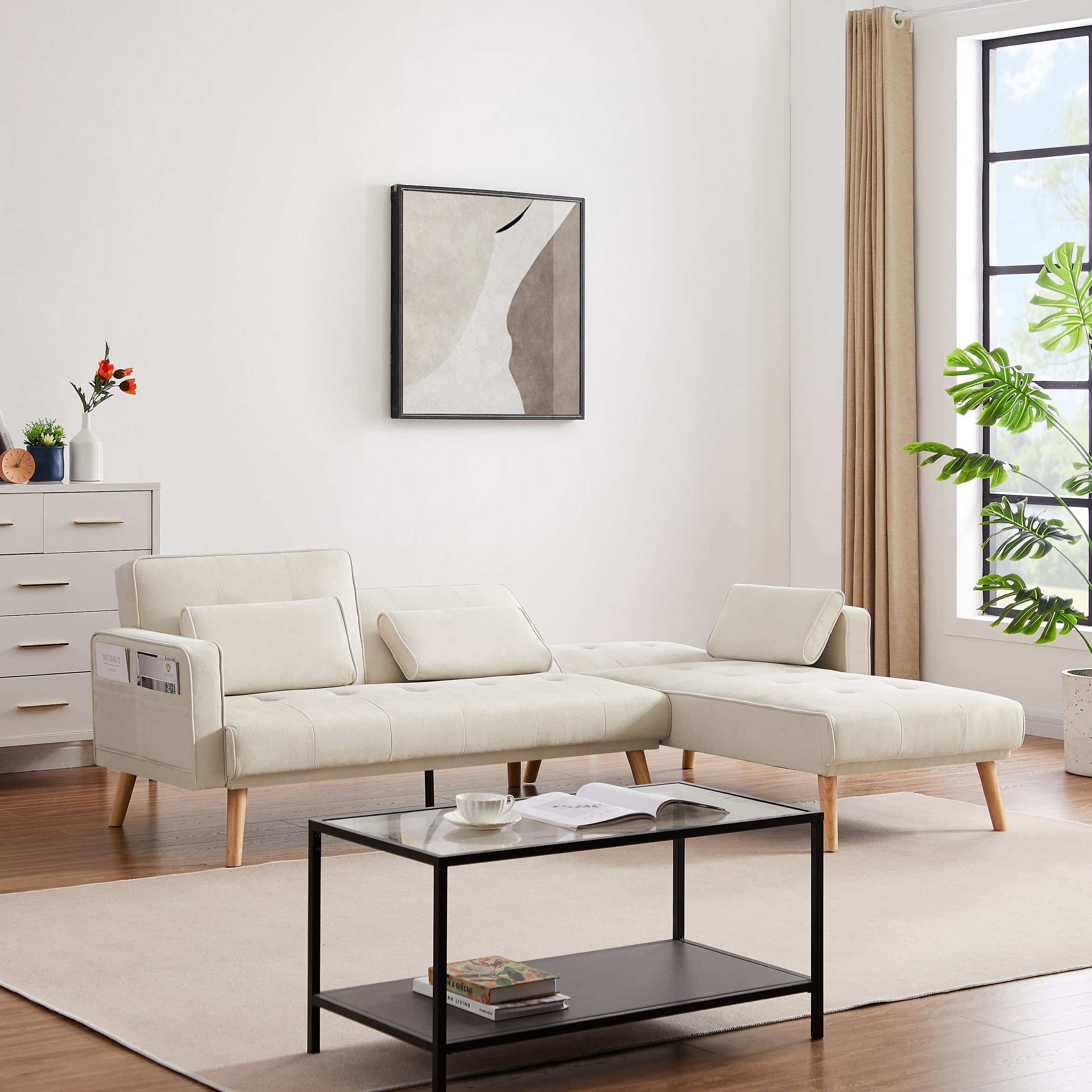 DEALTOPS Convertible Sectional Sofa Upholstered Sleeper Sofa Couch Bed with Left Chaise L-shaped Corner&nbsp;Sofa Chair for Living Room - Dark Beige