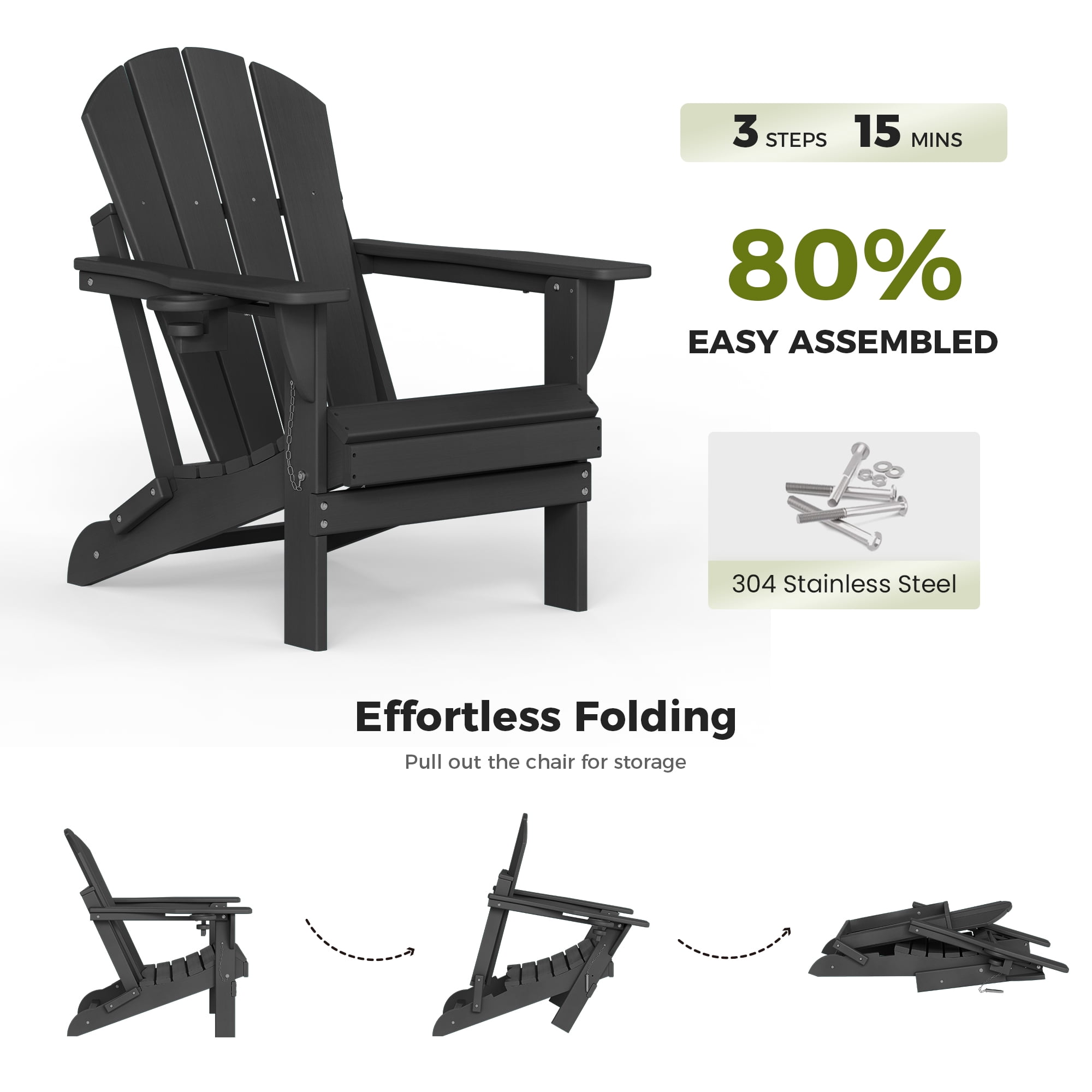 Folding Adirondack Chair, HDPE All-Weather Outdoor Patio & Firepit Chair with Ergonomic Extended Backrest & Cup Holder, Low Maintenance, Black