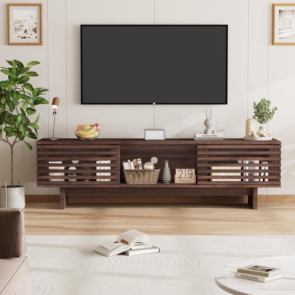 55 Inch TV Stand, Farmhouse TV Stand with Louvered Door, Mid Century Entertainment Center with Storage, TV and Media Console for Living Room, Walnut