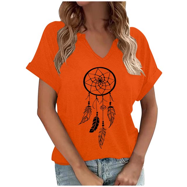 Dadaria T-Shirt pour Femmes Chemise Orange Manches Courtes Col en V Été Attrape-Rêves Chandail Blouses m