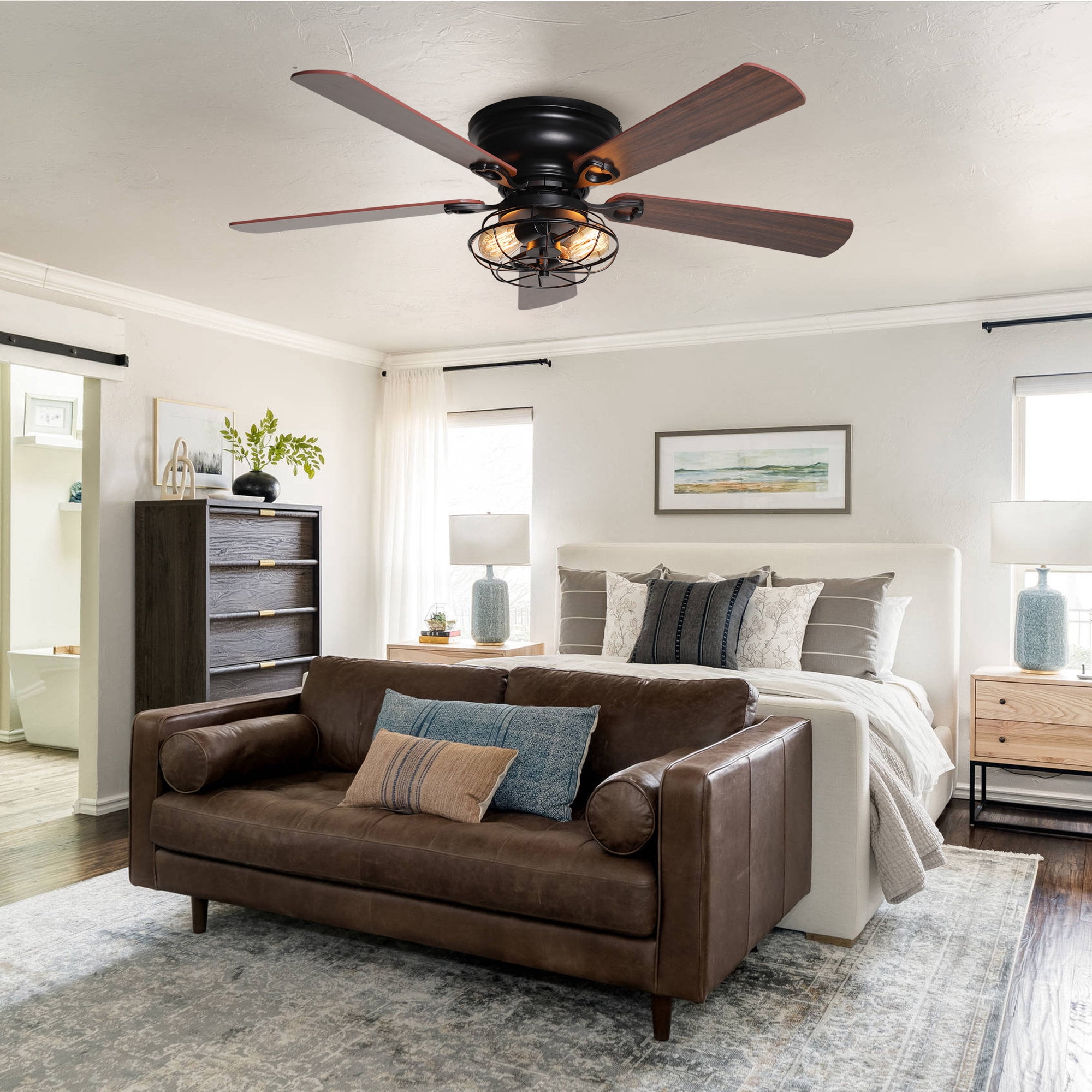 Parrot Uncle 48" Farmhouse Flush Mount Caged Ceiling Fan with Remote Control and Light Kit, Low-Profile Chandelier Ceiling Fan