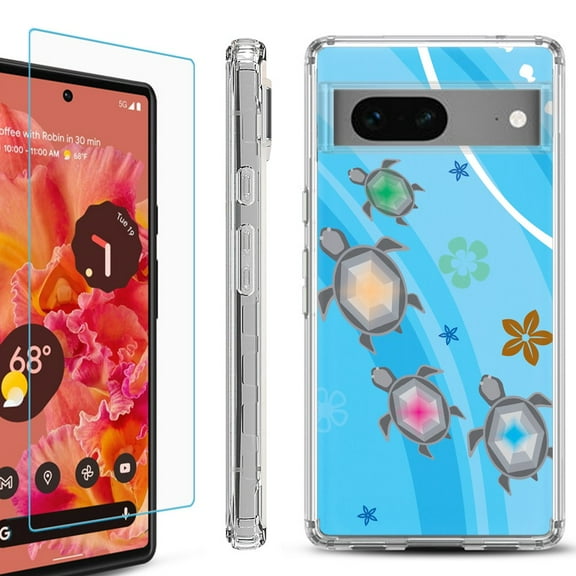 OneToughShield ® for Google Pixel 7a Shockproof Bumper Phone Case, with Tempered Glass Screen Protector - Happy Turtle