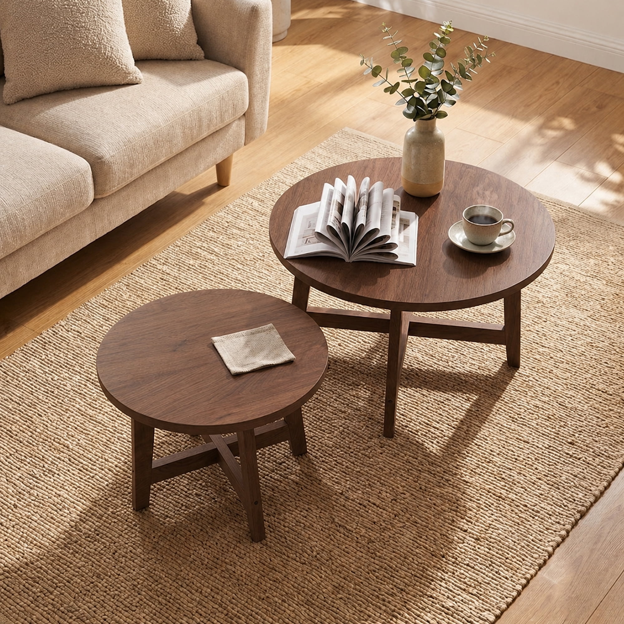 Set of 2 Round Nesting Coffee Tables, Walnut tone Finish Modern Side Tables, X-Shaped Frame Stackable End Tables for Living Room, Bedroom, Balcony
