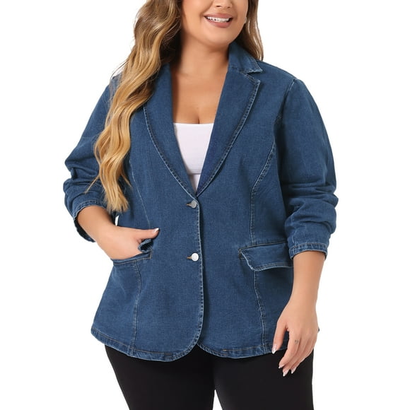 Unique Bargains Women's Plus Size Workwear Fashion Denim Bomber Blazer Denim Blue 2X