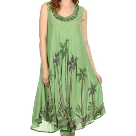Short Caftan - Sakkas Watercolor Palm Tree Tank Caftan Short Dress - Dark Green - One Size