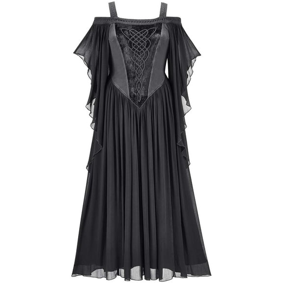 Levmjia Women Halloween Dresses Halter Off The Shoulder Gothic Costume Party Dress Comfortable Elegant Mesh Midi Dress Flare A-Line Elegant Lace Up Holiday