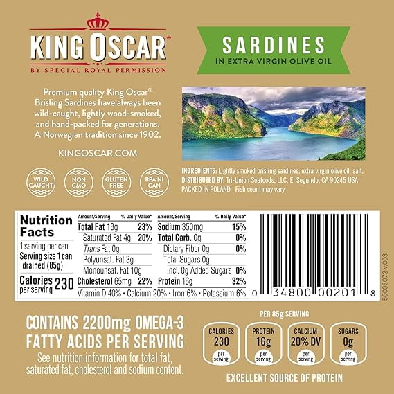 King Oscar Two-layer Sardines in Extra Virgin Olive Oil Cross-Pack, 3.75 Ounce (Pack of 6)
