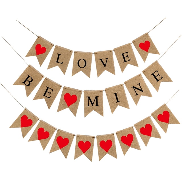 KAKOWELY 3 banderas de lino con forma de cola de golondrina para San Valentín, decoración para bodas, propuestas de amor