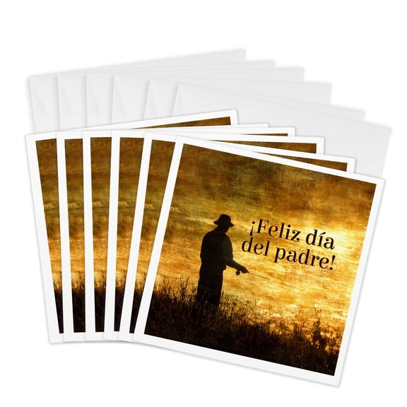 3drose, Fathers Day Fisherman in Spanish Language Text at Sunrise, 6 Greeting Cards with Envelopes