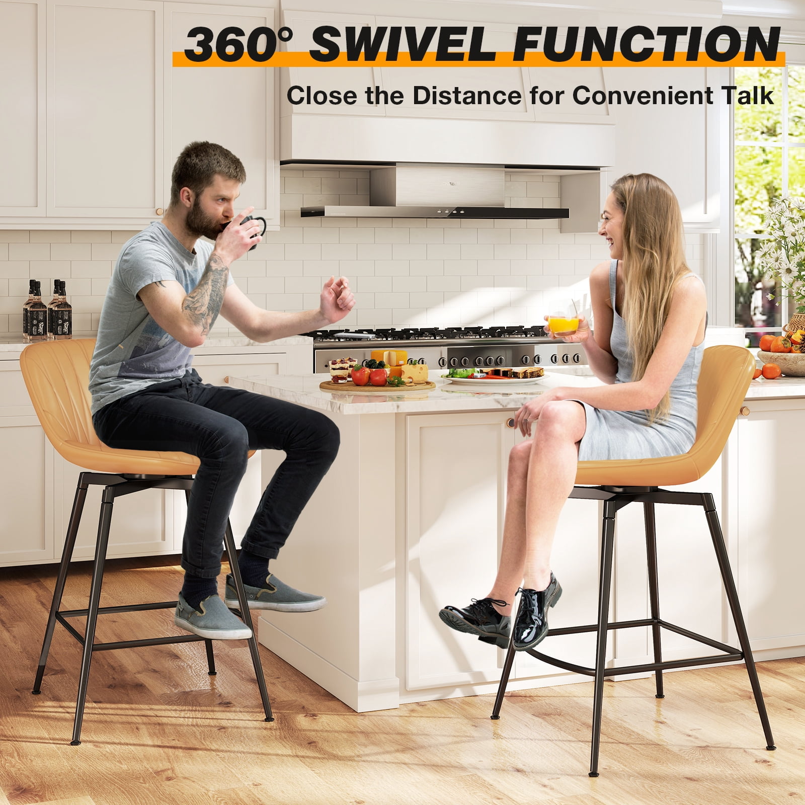 TAVR Modern 30" Swivel Bar Stools Set of 2 with Back & Footrest, Upholstered Counter Height Bar Chairs for Kitchen Island, PU Leather in Brown