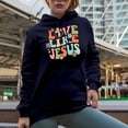 thumbnail image 2 of Distressed Retro Wavy Love Like Jesus Text Art Merch Gift, Navy Blue Hooded Sweatshirt or Hoodie, Medium, 2 of 5