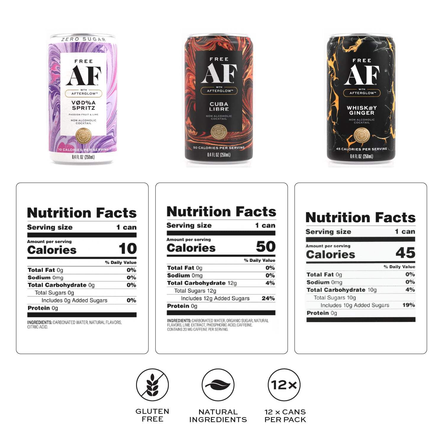 FREE AF Non-Alcoholic Drinks Tasting Pack | Alcohol Alternative Sparkling Cocktails with AFTERGLOW Botanical Warmth | Gluten-Free, Low-Calorie | 8.4 oz Cans (6-Pack)