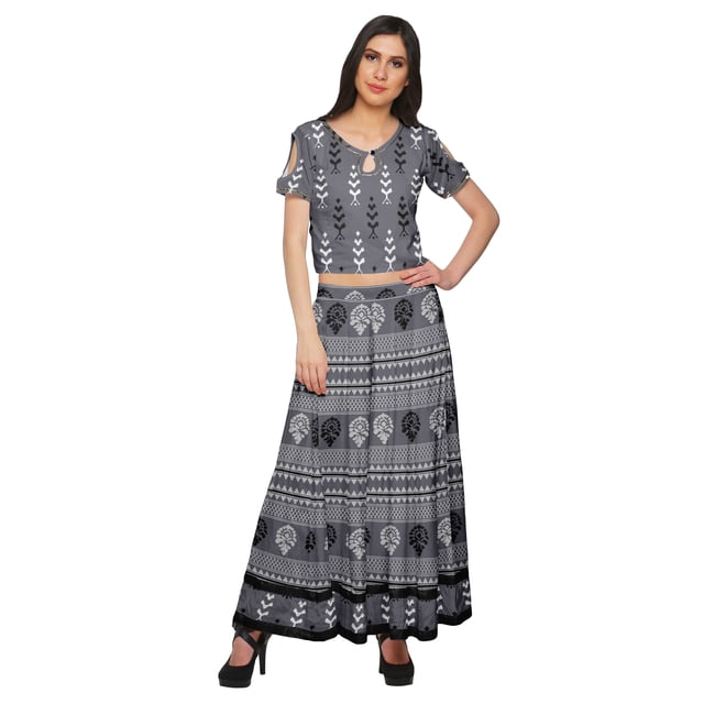 Moomaya Ensemble Palazzo Ample et Crop Top Robe Ethnique Imprimée Santon pour Femmes