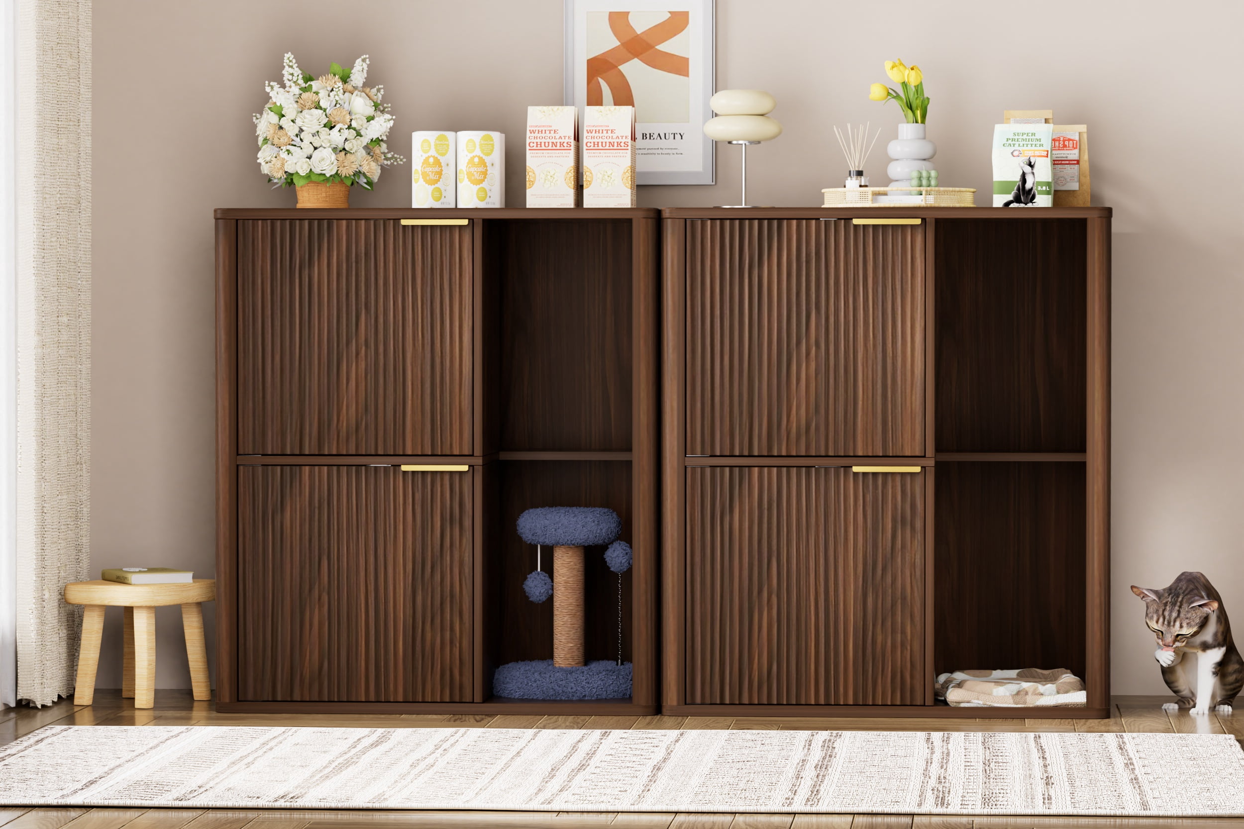 31.5-inch Walnut Cat Litter Cabinet with Cat Tree, Grooved Concealed Litter Furniture Featuring Dual Cat Doors and Storage Shelves, Versatile Pet Cabinet for Living Rooms or Bedrooms