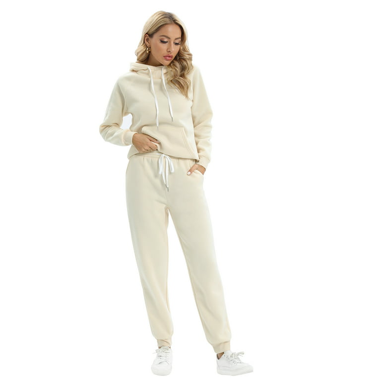Women's Sweatshirt and Sweatpants Set Solid Color Long Sleeve Hoodie Top  and Jogger Pants 2-Piece Casual Sweatsuit Outfits, Cream 2XL