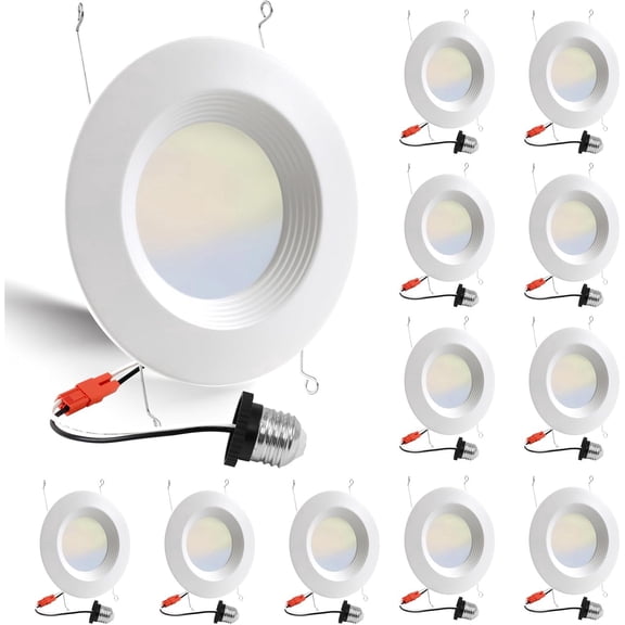 12 Pack 5/6 Inch 5CCT LED Recessed Light Retrofit, 2700K/3000K/4000K/5000K/6500K Selectable Downlight, Dimmable Can Lights with Metal Baffle Trim, CRI 90, 10.5W=85W, E26 Base, IC & Wet Rated, ETL&FCC