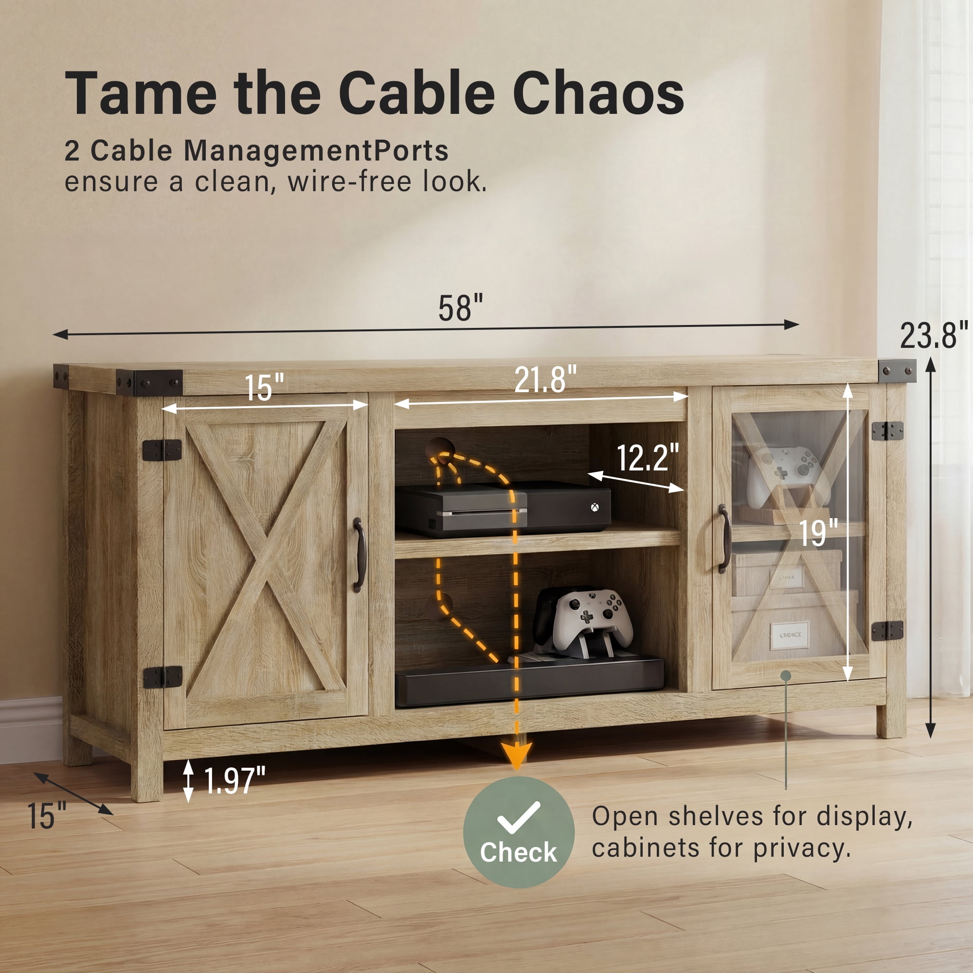 Vineego TV Stand for 65 Inch TVs, Farmhouse Oak Storage Cabinet with Cable Management and Hidden Compartment