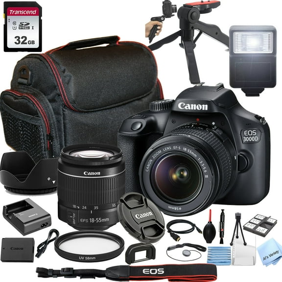 Canon EOS 3000D DSLR Camera with 18-55mm f/3.5-5.6 Zoom Lens,32GB Memory, Case,Tripod w/Hand Grip and More28pc Bundle