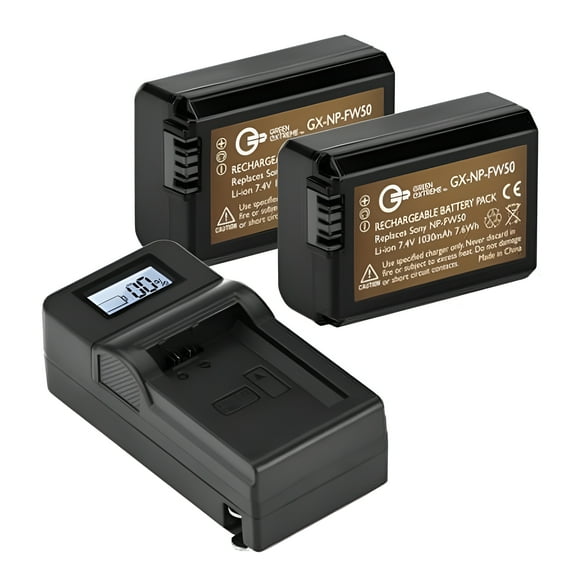2 Pack NP-FW50 Battery and Compact Smart Charger Kit (7.4V 1030mAh)