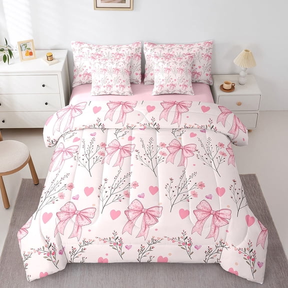 Feelyou Pink Princess Bow-tie Twin Bedding Sets 7-Piece for Kids, Kawaii Love Heart Bedding Comforter Set, Spring Flower Floral Reversible Sheet Sets, Microfiber Bedroom Decor