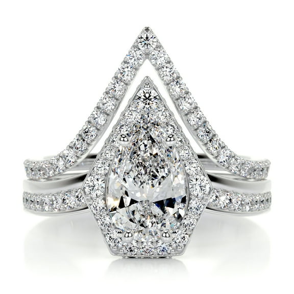 First Jewel Silver 14K White Gold Over Ring - 2.1 Ct VVS1/D Pear Cut Lab Created Simulated Diamond Ring for Her - Halo Diamond Ring for Her - Eternity Diamond Ring for Women's - Bridal set Ring