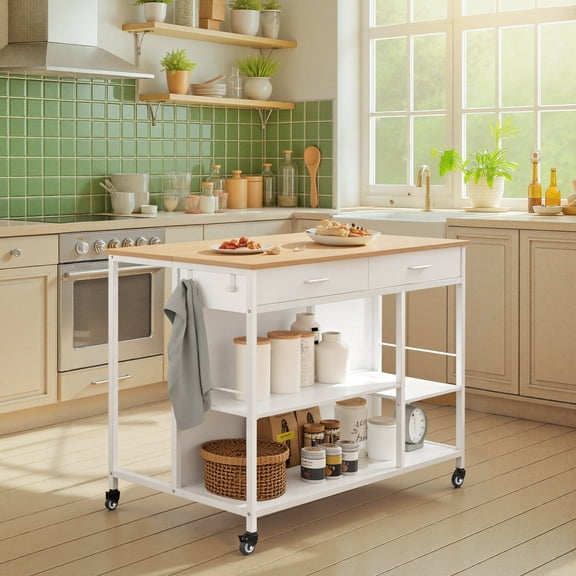 LEDREM Kitchen Rolling Island Cart with 2 Drawers, Adjustable Shelves, Hooks, Mobile Kitchen Storage and Prep Table, Large Worktop, Oak Beige and Matte White