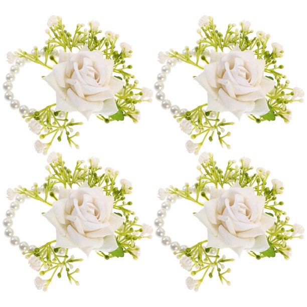 Houderco 4Pcs Adjustable White Wrist Corsage Bracelet with Artificial Flowers for Elegant Wedding Wear