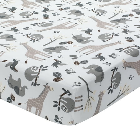 UPC: 0084122009943 | Lambs & Ivy Baby Jungle Animals White/Gray/Taupe Cotton Fitted Crib Sheet