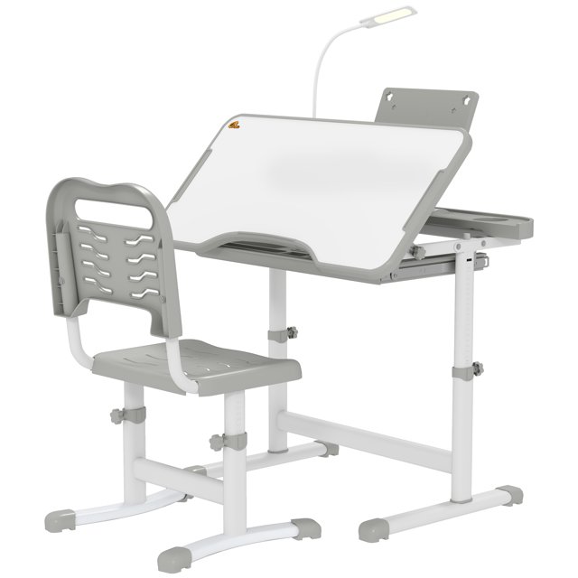 Grey Height-Adjustable Study Desk & Chair Set for Students, MDF & Steel, 27.6"W x 19.7"D, Tilt Desktop, LED Lamp, Storage Drawer, Book Holder, for Home Study & Activities