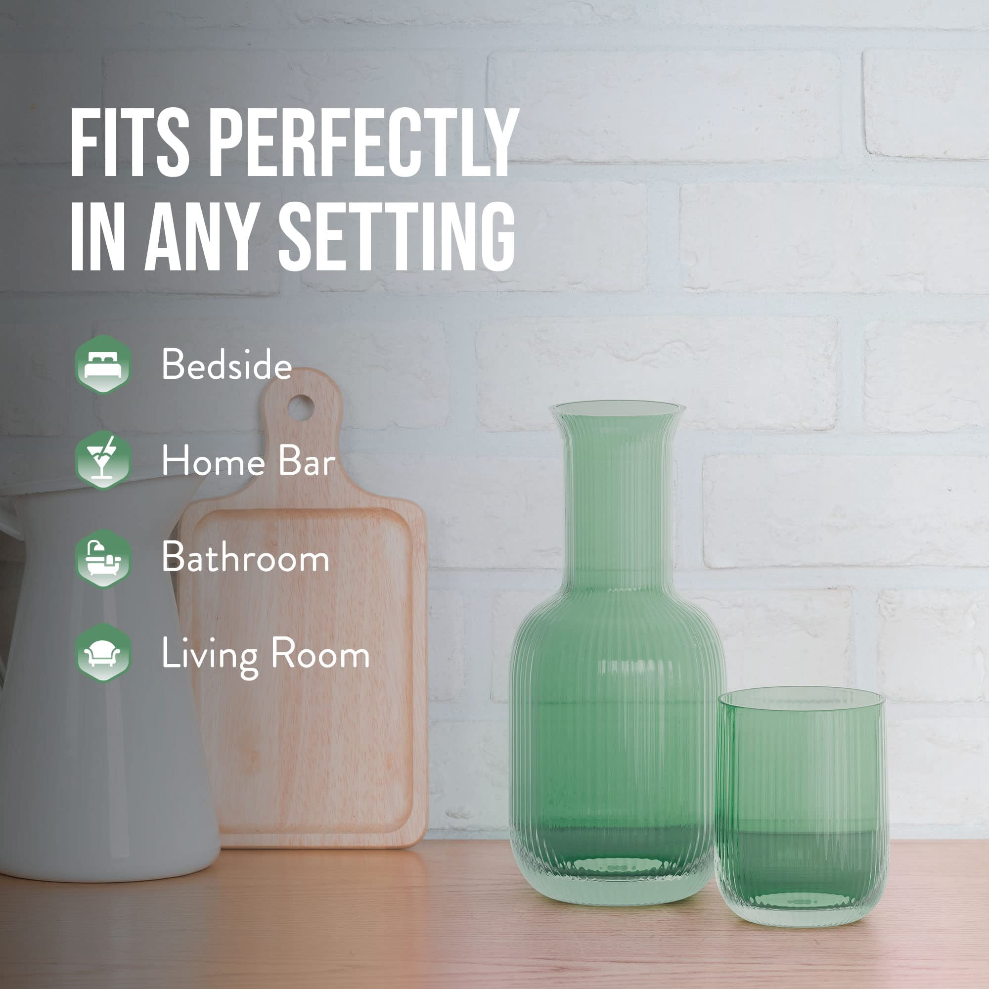 American Atelier 28 oz Bedside Water Carafe with Tumbler – 9" Ribbed Glass Pitcher with Cup Lid for Nightstand, Guest Room, Office, Bathroom, Stylish & Functional Drinkware (Green)