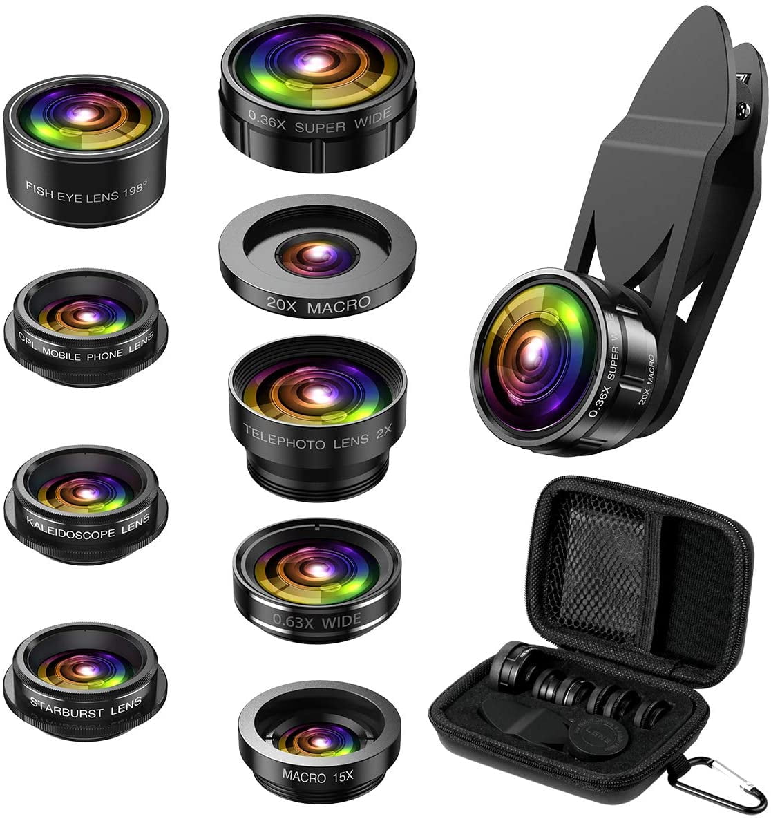 Starburst Lens Fisheye Lens CPL Upgraded 9 in 1 Phone Lens kit 0.36X Wide Angle Lens 15X Macro Lens 20X Macro Lens 0.63X Wide Lens Ankilo Phone Camera Lens 