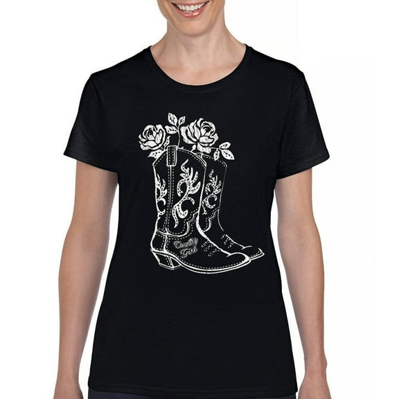 Country Girl Boots T-Shirt Vintage Cowgirl Western Floral Southern Rustic Country Style Cute Roses Rodeo Women's Tee
