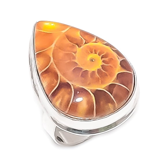 Natural Ammonite Fossil Gemstone 925 Sterling Silver Jewelry Ring Size 7.5