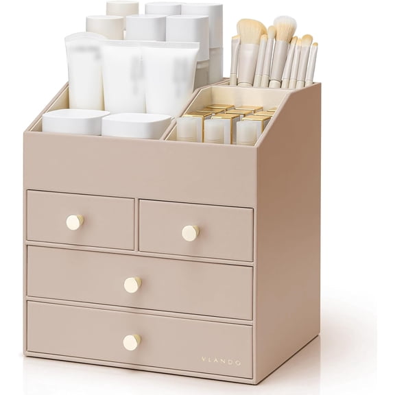 ThrottleT-Makeup Organizer Countertop,Large Vanity Organizer PU Leather Make up Storage with 4 Drawers Skin care Organizer Cosmetic Display Case for Lipstick,Brushes,Bedroom-Toffee