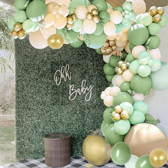 AOWEE Retro Olive Green Balloon Garland Kit, Sage Green Mint and Metallic Chrome Gold Balloons for Baby Shower, Bridal Shower, Birthday Party, Wedding, Graduation