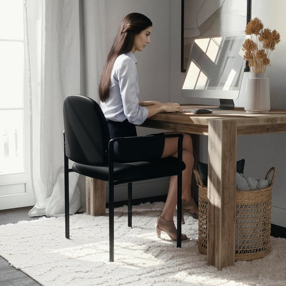 Tiffany Side Reception Chair with Padded Armrests, Stackable Vinyl Waiting Room Chair for Commercial or Residential Use, Black