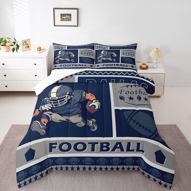 Erosebridal American Football Comforter Set King Size Rugby Games Bedding Set Kids Boys Girls Rugby Player Navy Blue Comforter Sports Theme Quilt Set